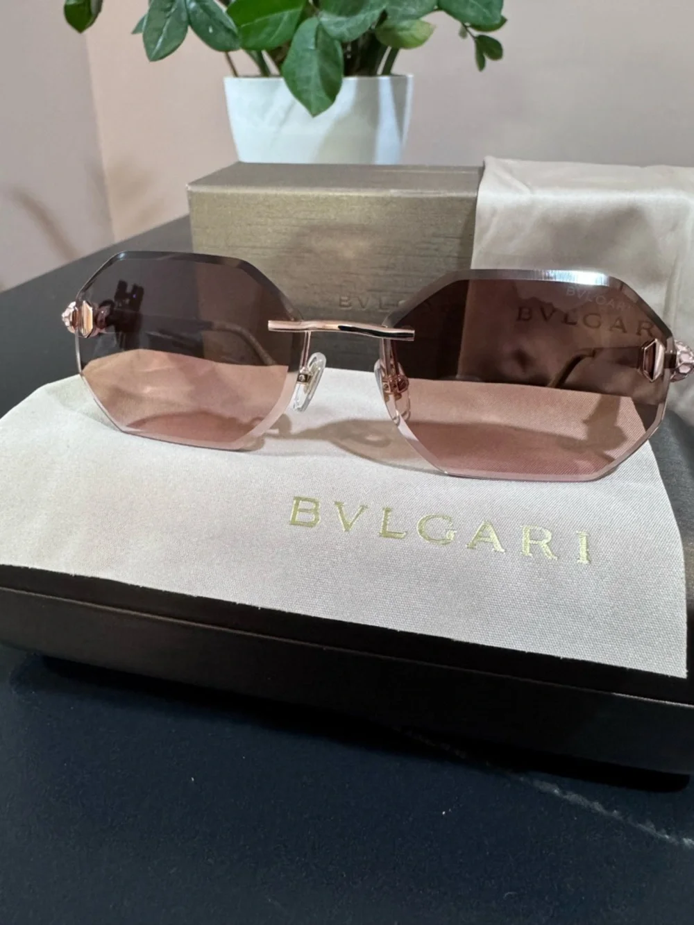 Bulgari Rose-Tint Octagonal Rimless Sunglasses - Picture 6 of 16